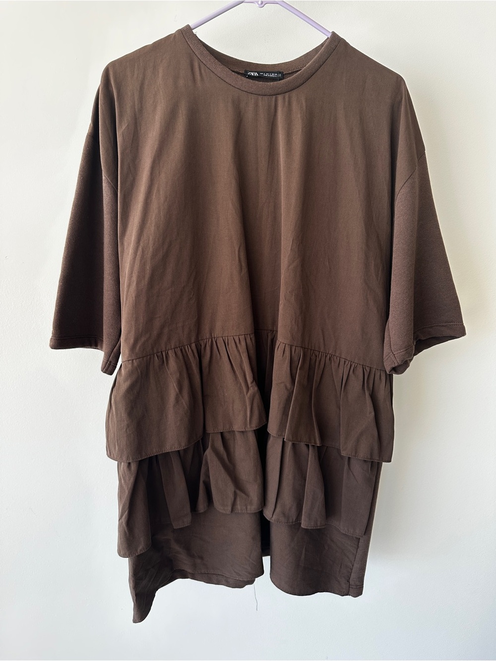 Zara Brown Short Sleeve Ruffle Tier Dress in size S
